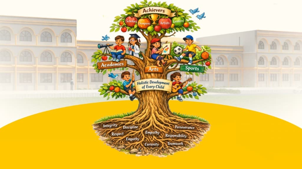 Values tree of Kids Garden School — roots, holistic development, Academics, Arts, Sports, and Achievers